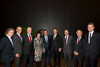 Mr. Maurice Turrettini, President of the Geneva International Motor Show, Mr. Luc Barthassat, State Councillor in charge of the Department for Environment, Transports and Agriculture (DETA), Mrs. Doris Leuthard, Federal Councillor in charge of the Federal Department of the Environment, Transport, Energy and Communication (DETEC), Mr. Franois Longchamp, President of the council of the State of Geneva, Mr. Serge dal Busco, State Councillor in charge of the Department of Finance (DF), Mr. Antoine Barde, President of the Grand Council, Mr. Andr Hefti, Managing Director of the International Motor Show, Mr. Claude Membrez, Director of Palexpo SA. 