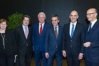 Mr. Robert Hensler with Mrs. Ester Alder, Mayor of Geneva, Mr. Luc Barthassat, State Councillor in charge of the Department for Environment, Transports and Agriculture (DETA), Mr. François Longchamp, President of the Geneva Government, Mr. Alain Berset, Federal Councillor, Mr. Maurice Turrettini, President of the Geneva International Motor Show, March 2016.